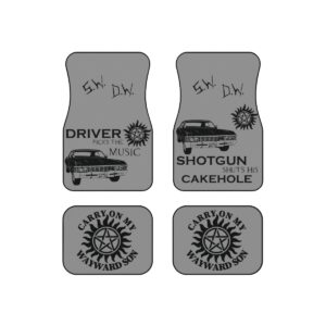 Four gray car mats with Supernatural-themed symbols, quotes, and a vintage car graphic.