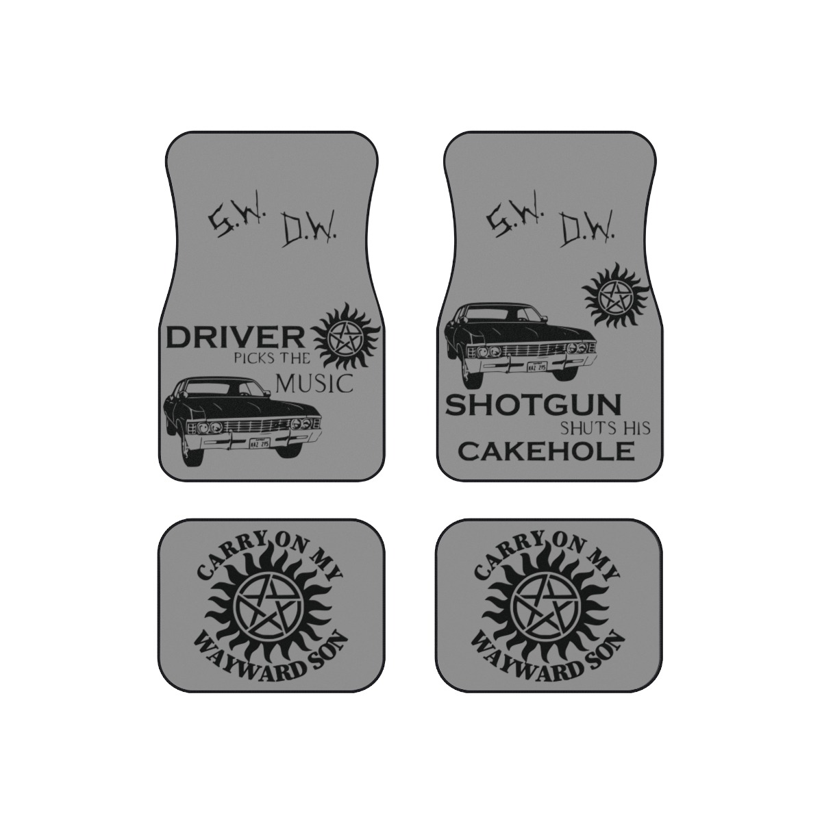 Four gray car mats with Supernatural-themed symbols, quotes, and a vintage car graphic.